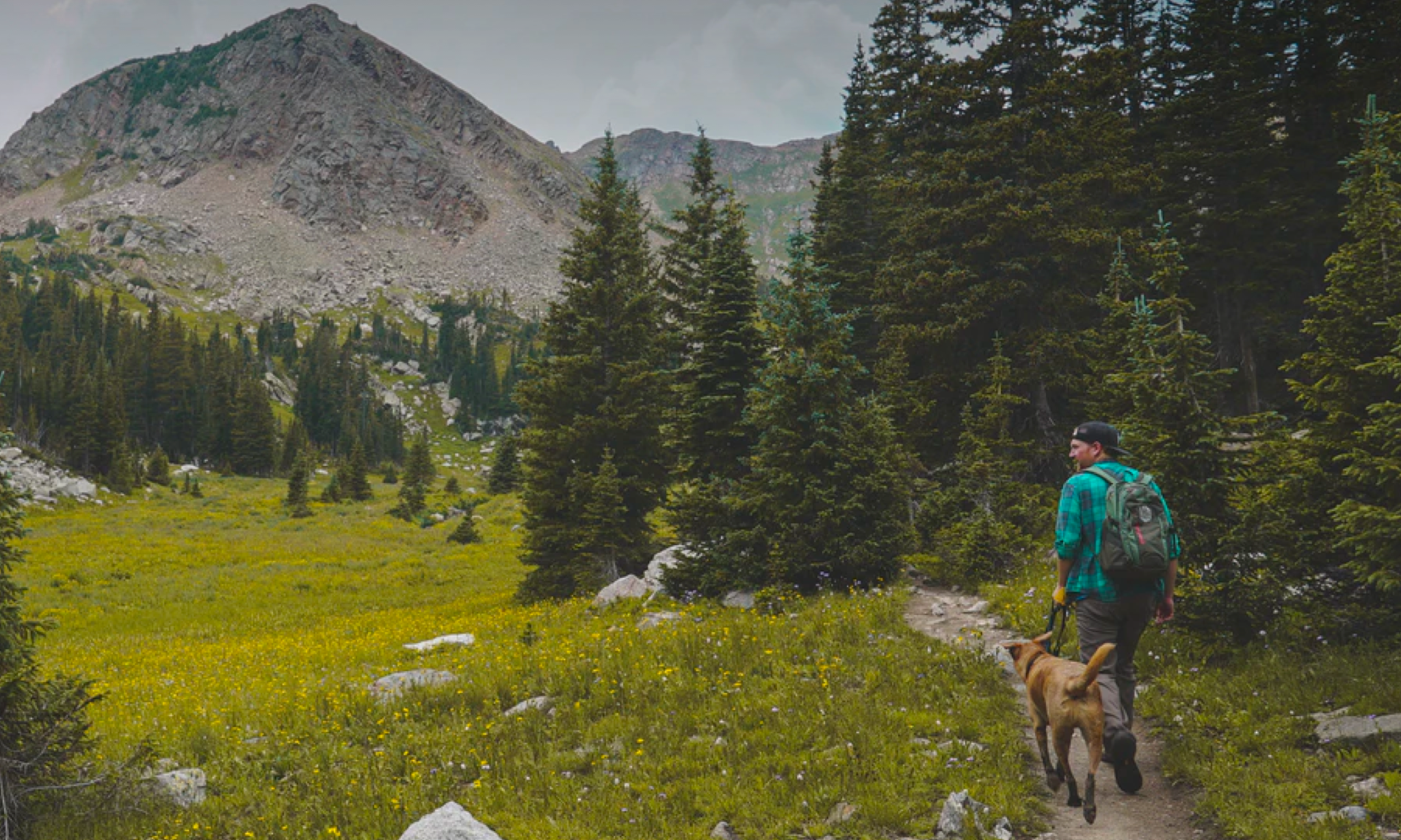 A man hikes along a trail in the mountains with his dog by his side.